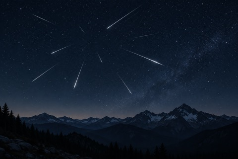 The app’s meteor-shower illustration, with shooting stars above mountains.