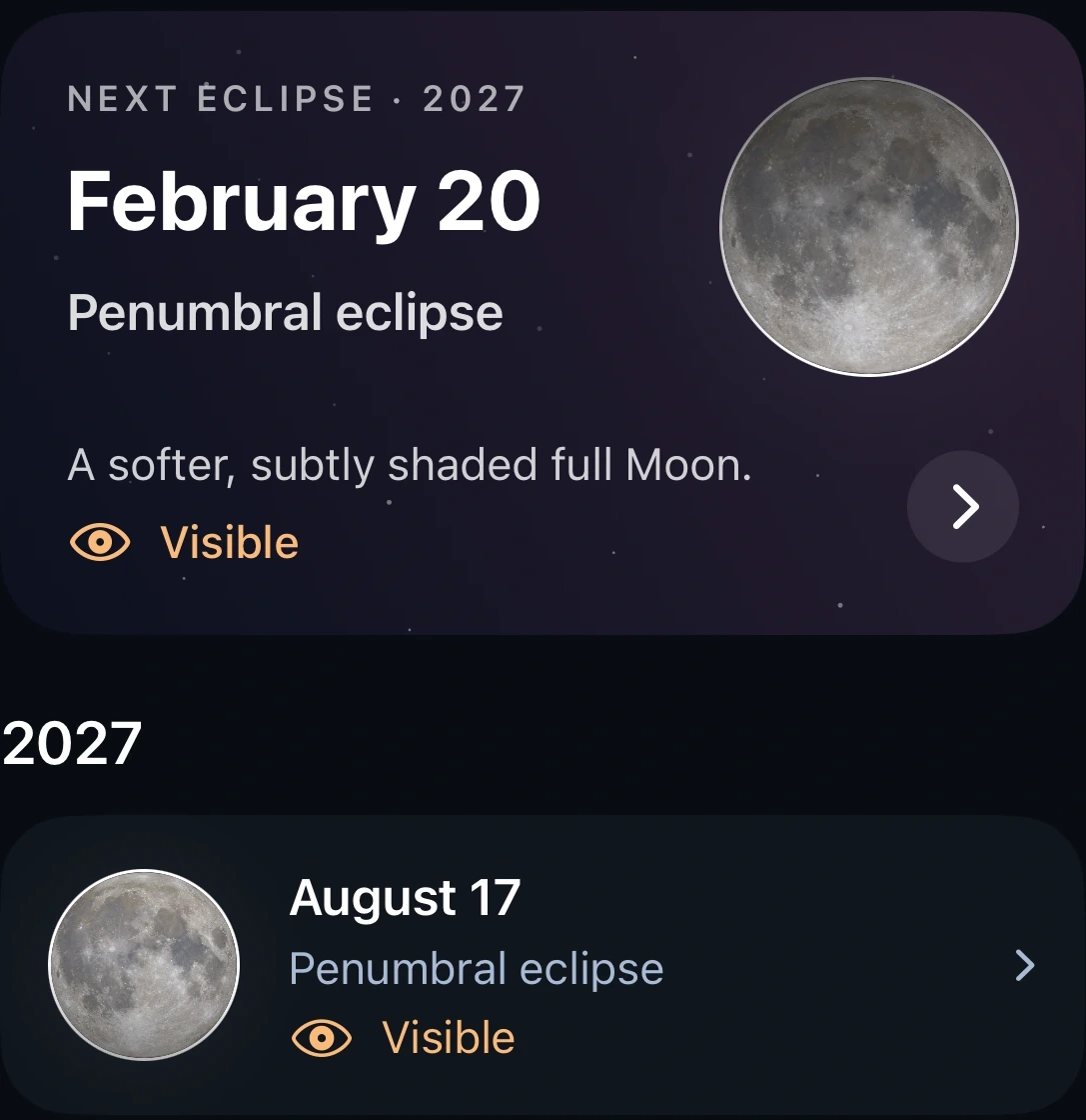 Upcoming lunar eclipses in the app: the next eclipse card followed by another locally visible eclipse.