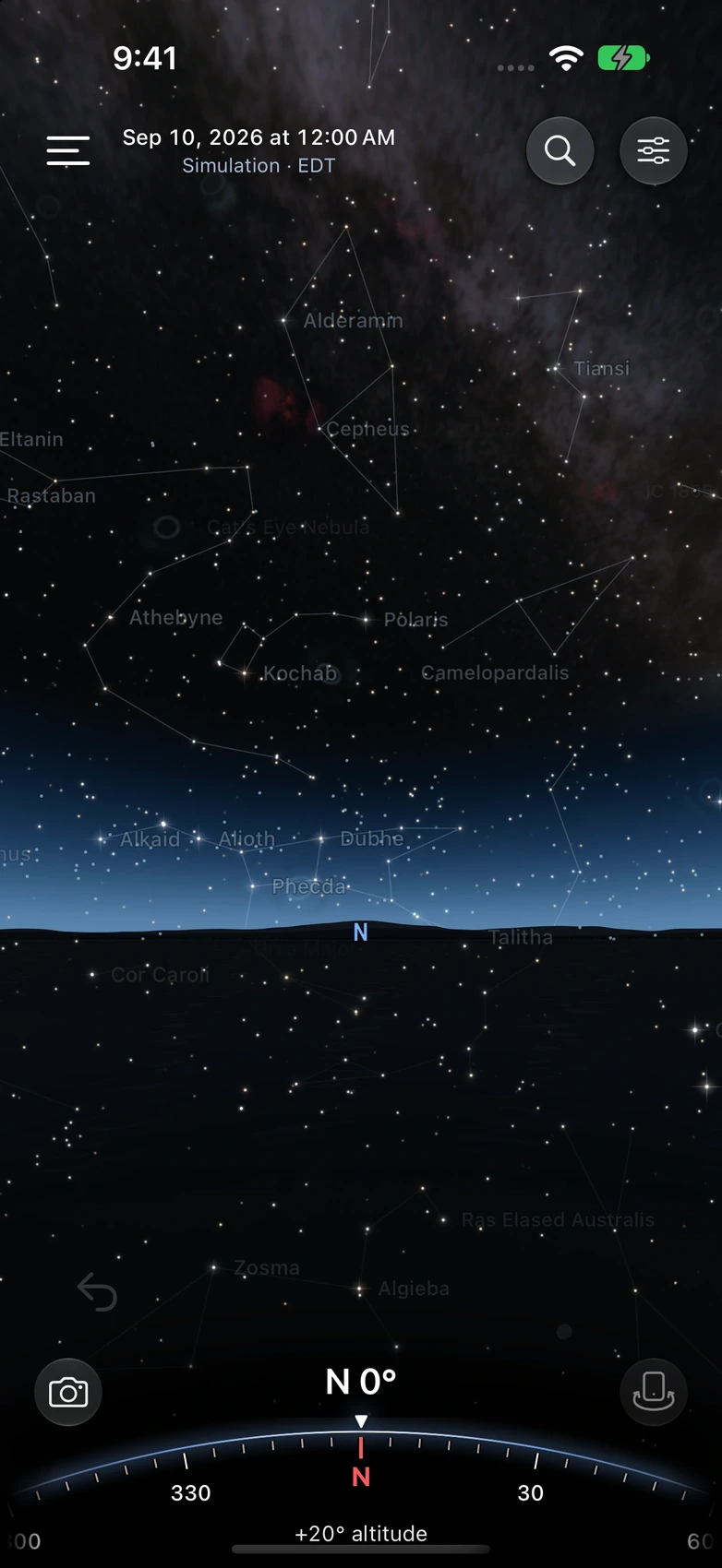 Actual iPhone My Sky screen with the Milky Way, catalogued stars, constellations, horizon and compass.