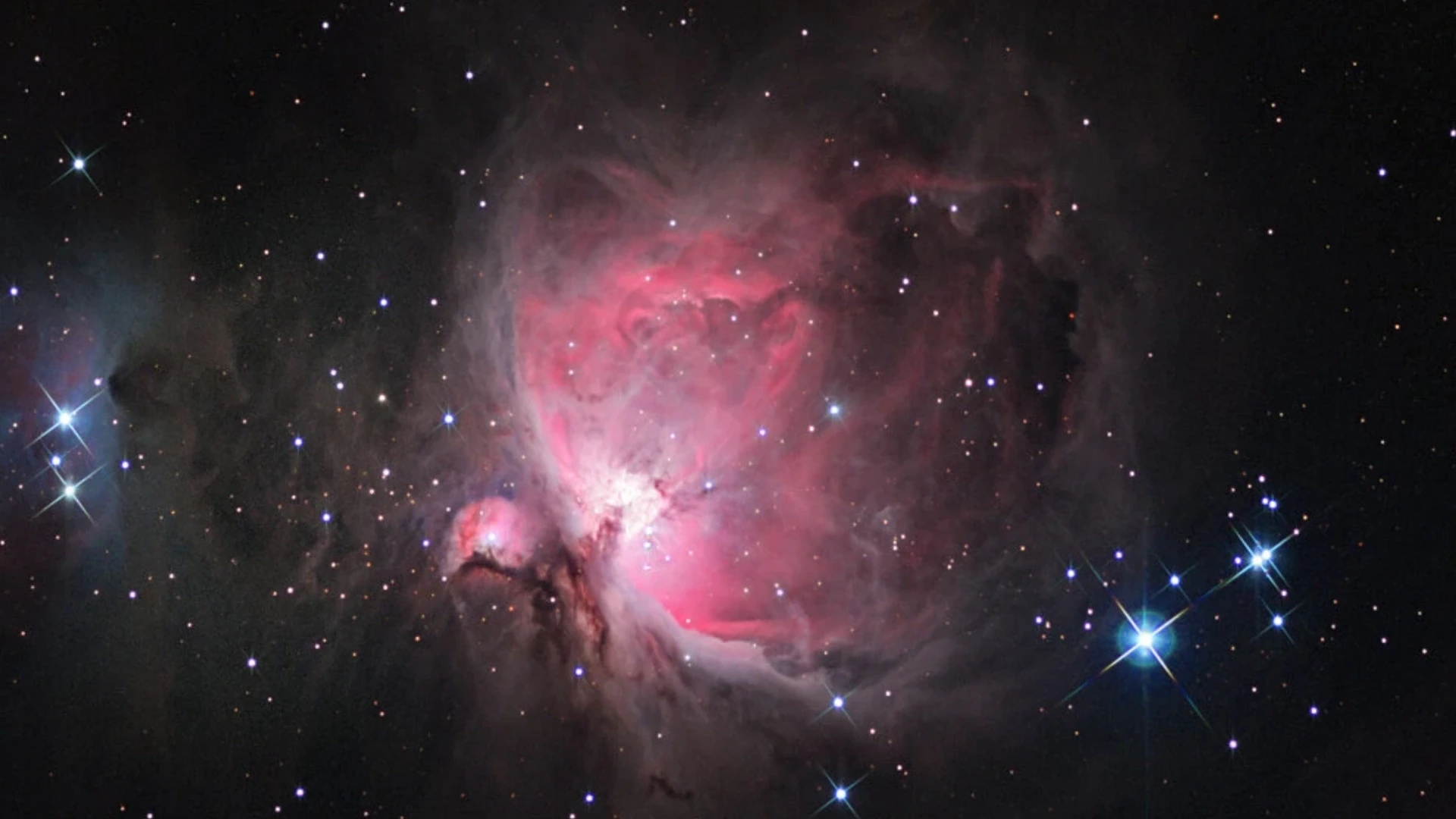 The Great Orion Nebula in the app, with rose-colored gas and luminous stars. Captured from the Release iPad app.