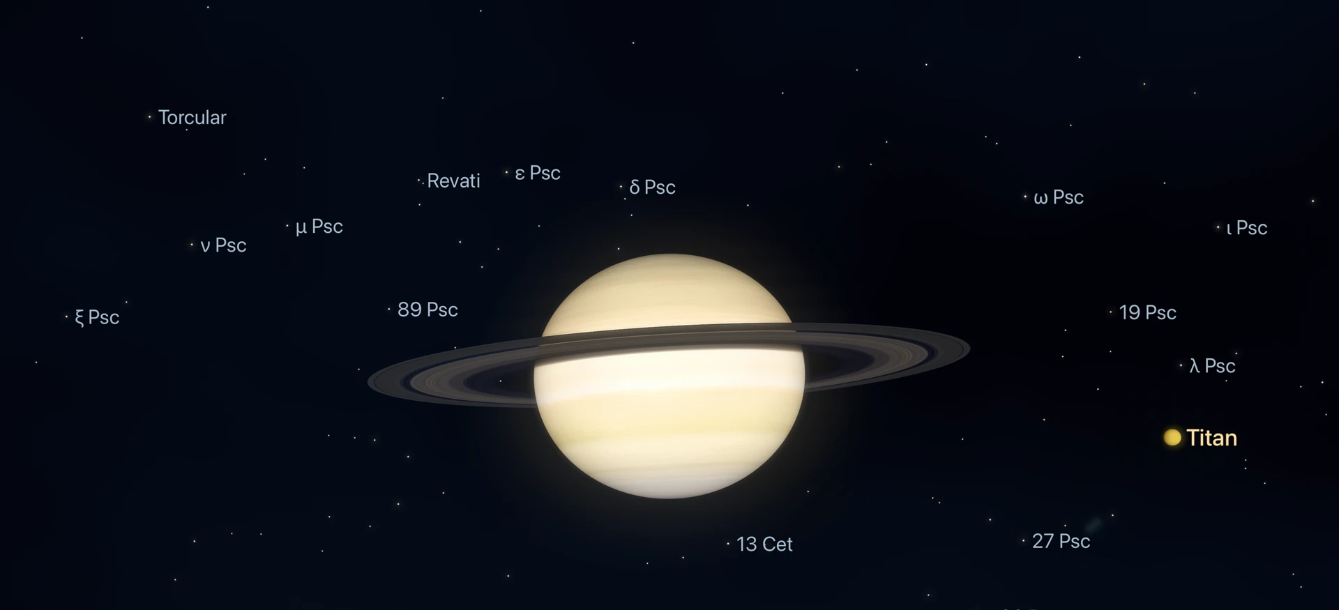 Saturn and its sweeping rings, seen in the app against a rendered star field.
