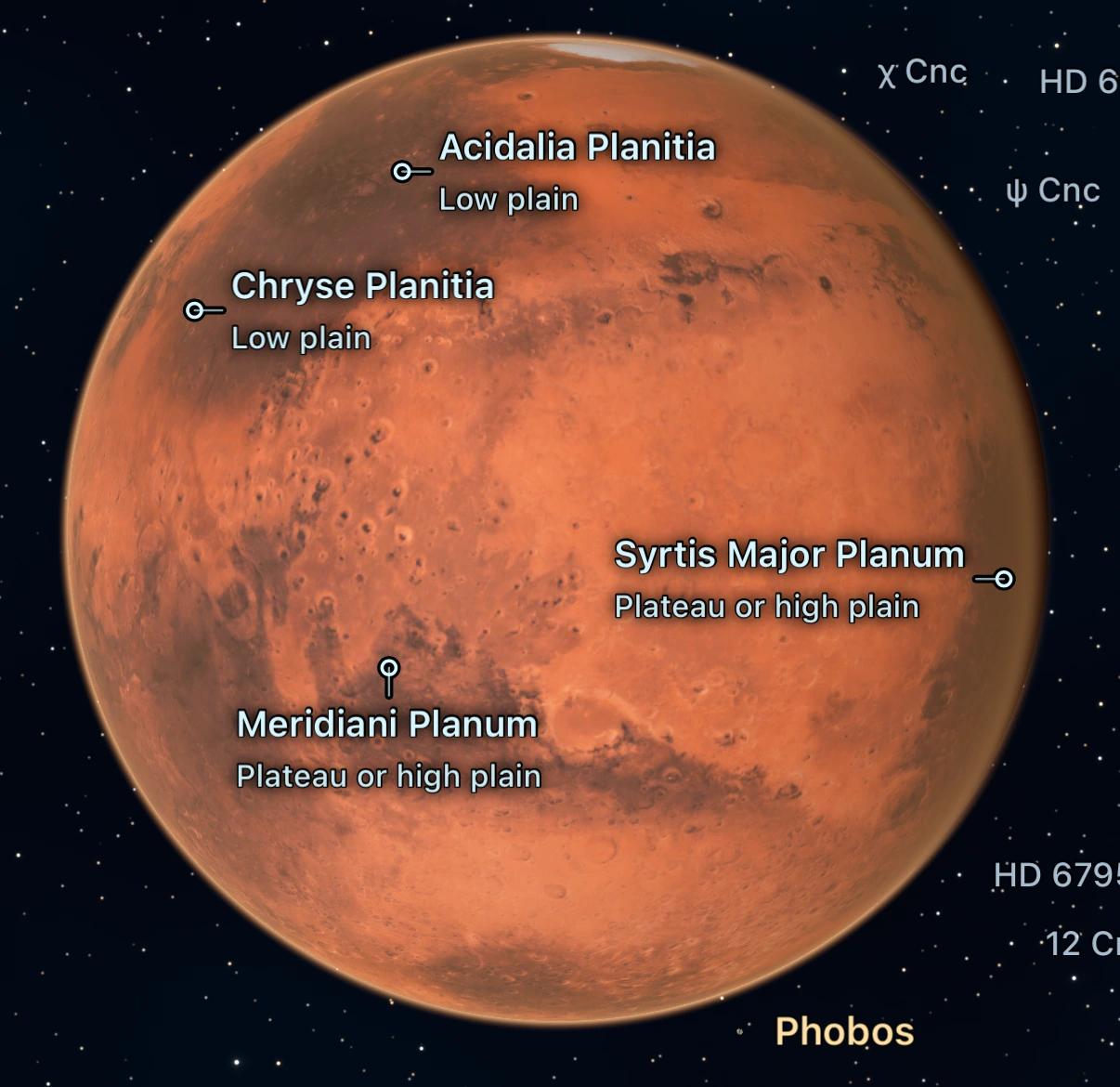The app’s Mars landscape with Acidalia Planitia, Chryse Planitia, Syrtis Major Planum and Meridiani Planum labelled.
