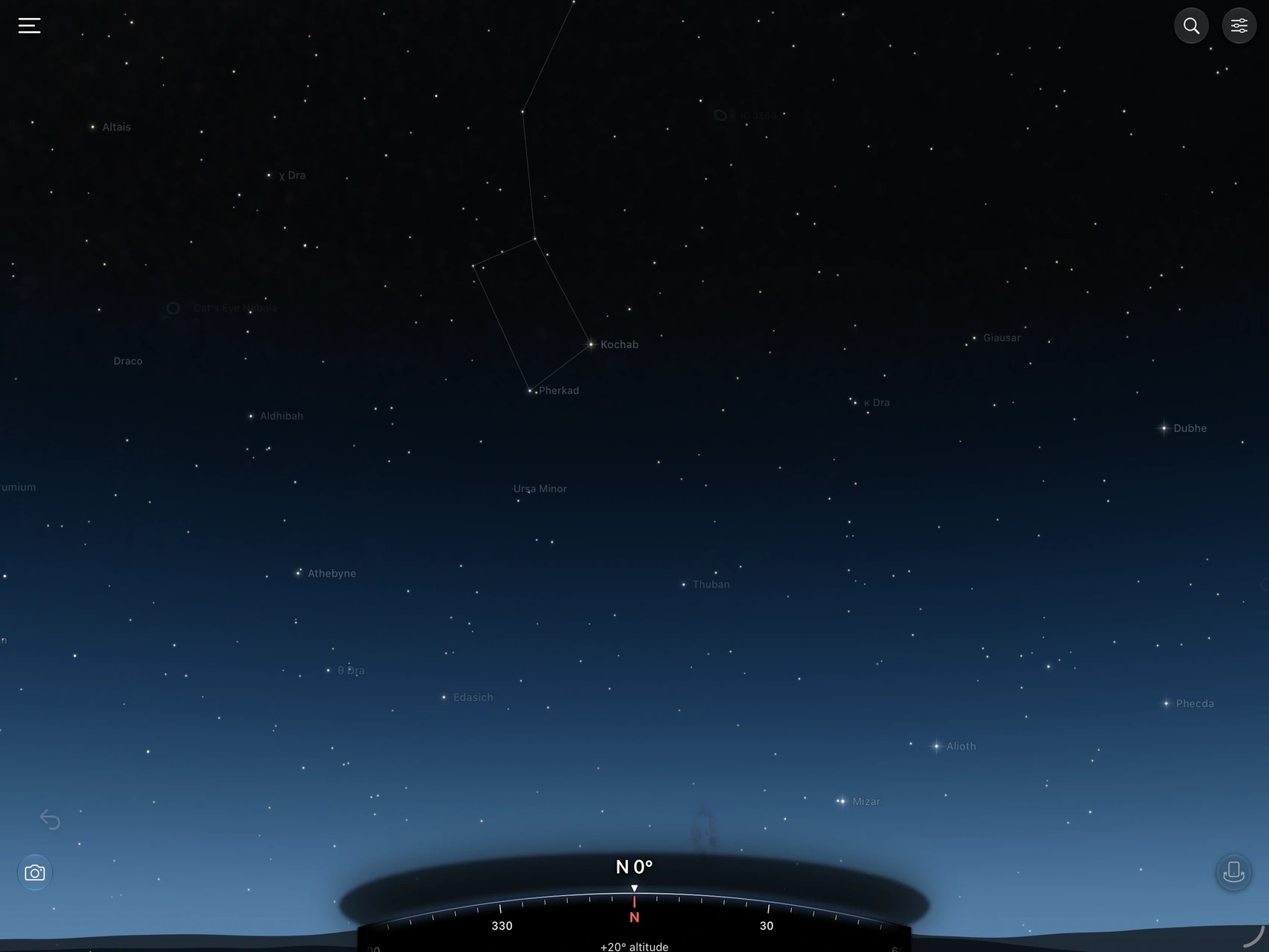 The app’s My Sky map in landscape on iPad, showing star labels across a wide view of the sky.