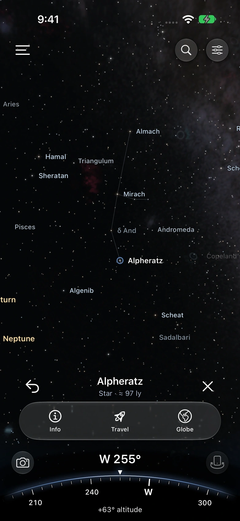 My Sky in the iPhone app, with a selected star, surrounding star labels and a compass.